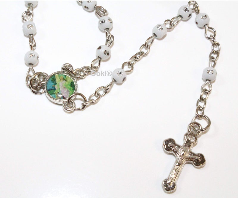 Ooki 12 pcs Angel Guardian Rosary In Glass Jar Bottle Beads White Beaded Rosary Silver CATHOLIC Crucifix Necklace Virgin Mary lot of 12 - Image 5